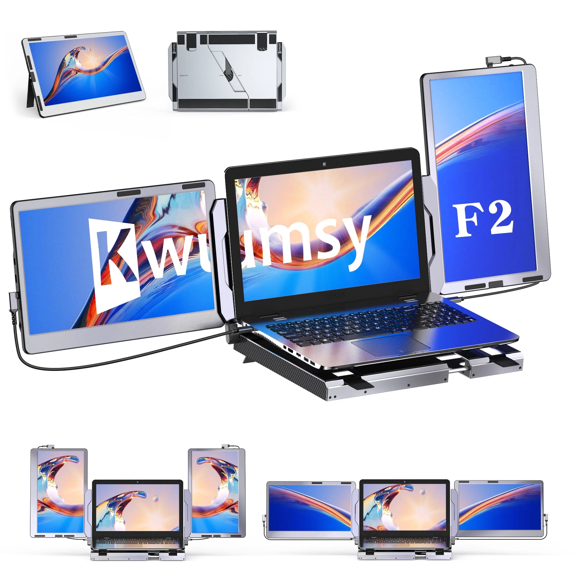 Kwumsy F2 360°回転トリプルポータブルラップトップモニター