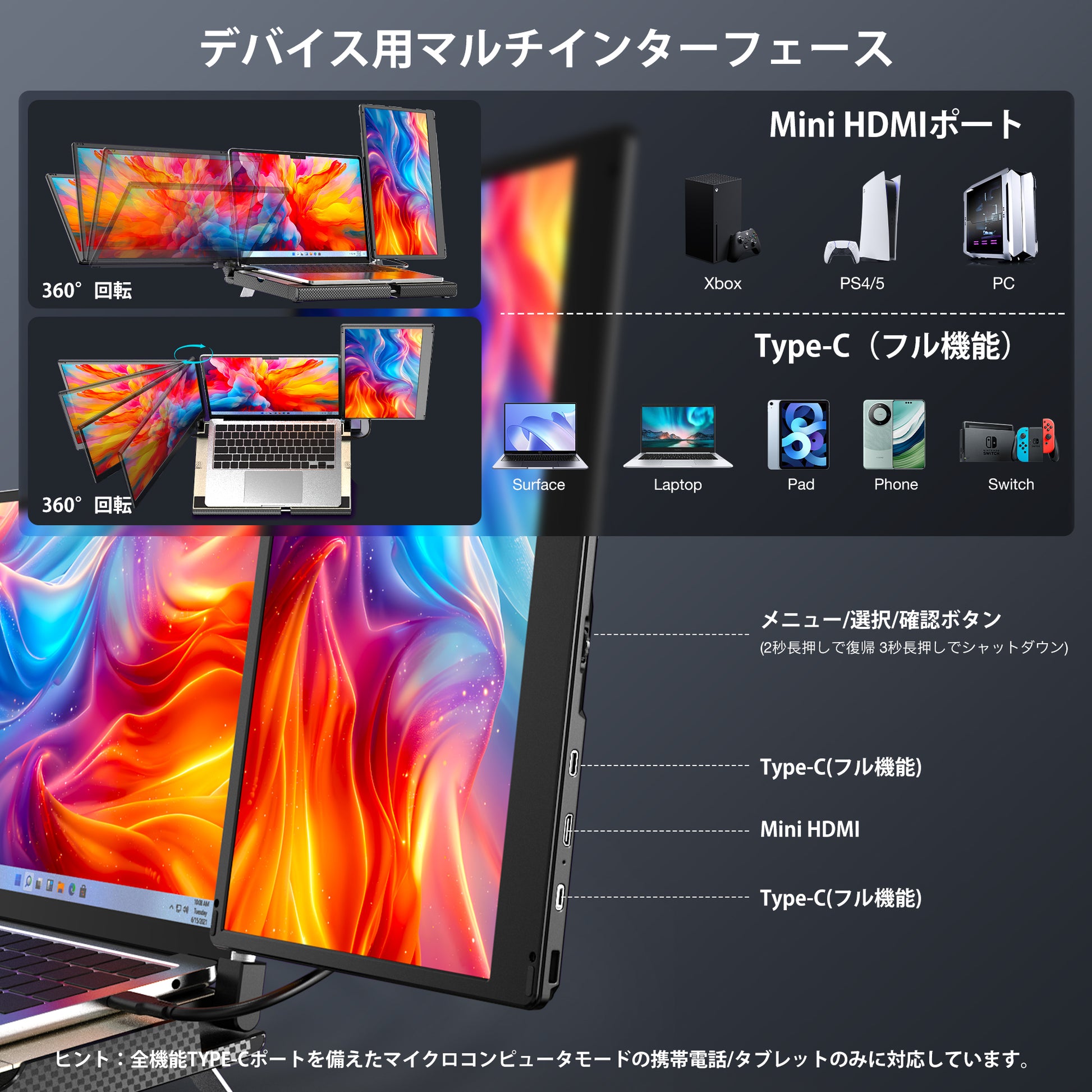 Kwumsy F3 360°回転トリプルポータブルラップトップモニター