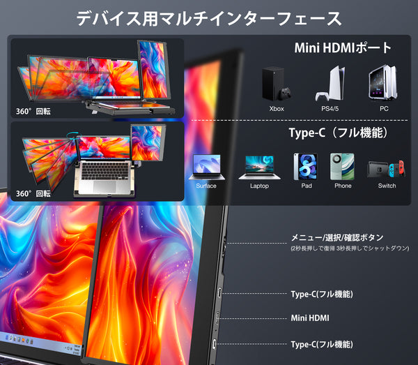 Kwumsy F3 360°回転トリプルポータブルラップトップモニター